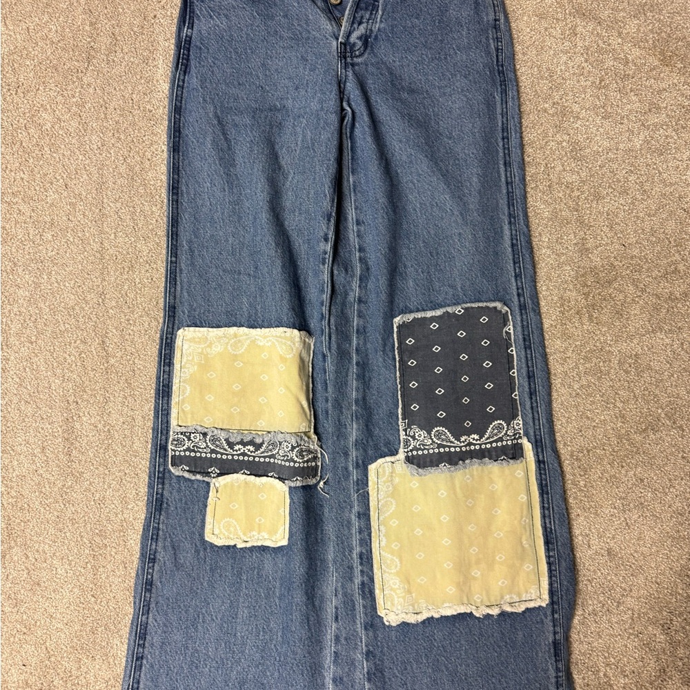 PacSun Blue and Yellow Flare & Wide Leg Jeans with Distinctive Patches